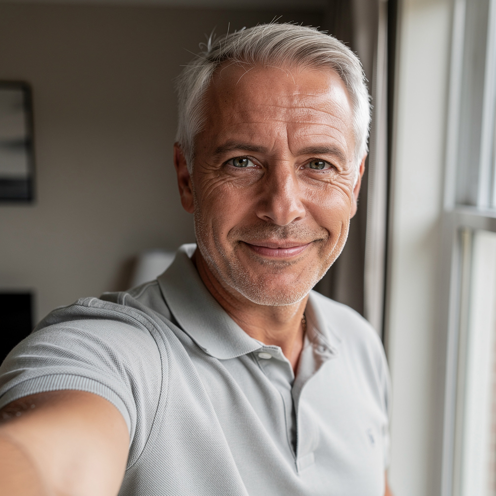 Before photo — casual selfie for Corporate Executive headshot